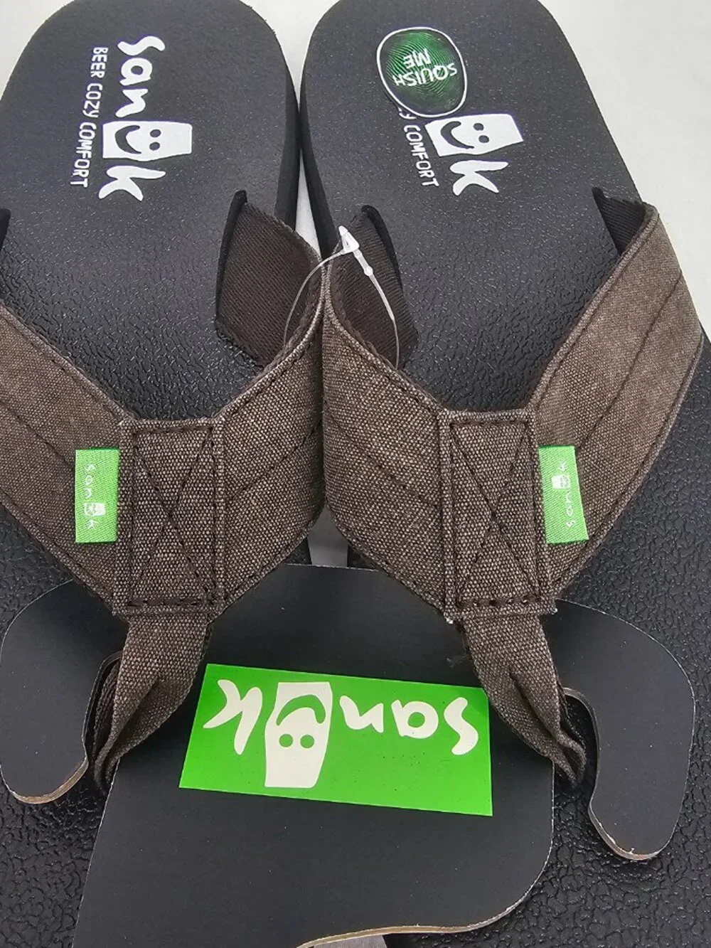 Sanuk Beer Cozy Coaster Comfort TX Flip Flops Brown Strap Black Soles Men's 12